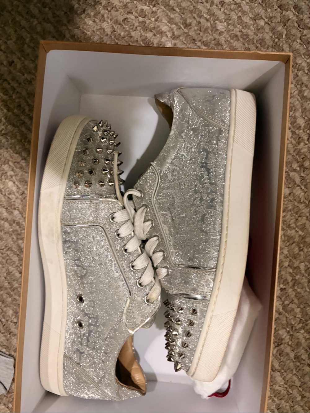 Christian Louboutin Silver Glitter Vieira Spikes Flats